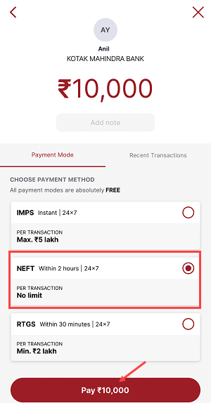 NEFT Transfer in IDFC First Bank Account from Mobile Banking
