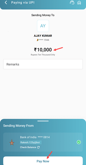 UPI Money Transfer on Bank of India (BOI) Mobile Banking