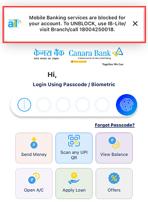 block unblock canara mobile banking