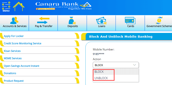 block unblock canara mobile banking