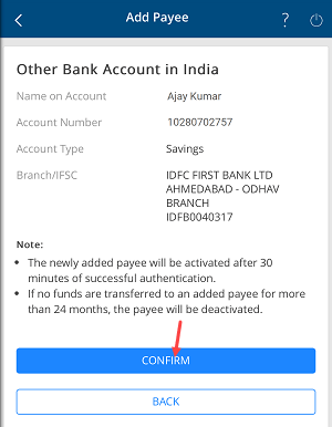 Add Payee Bank Account on HDFC Mobile Banking