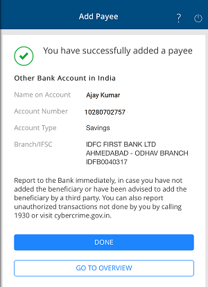 Add Payee Bank Account on HDFC Mobile Banking