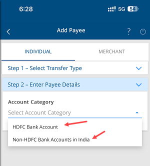 Add Payee Bank Account on HDFC Mobile Banking