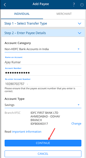 Add Payee Bank Account on HDFC Mobile Banking