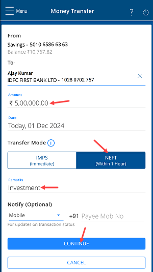 Transfer Money via NEFT on HDFC Mobile Banking