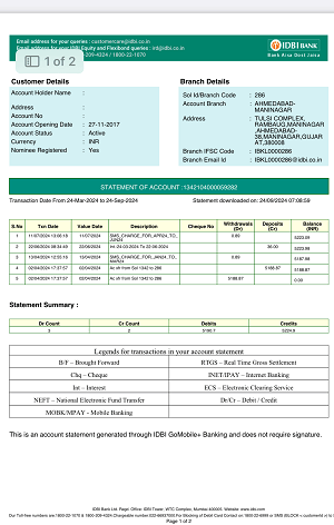 Download IDBI Bank Account Last 6 Months Statement
