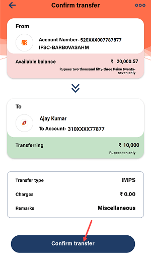IMPS Money Transfer on Bank of Baroda Mobile Banking