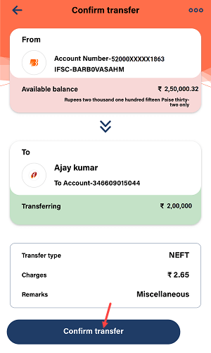 NEFT Money Transfer on Bank of Baroda Mobile Banking