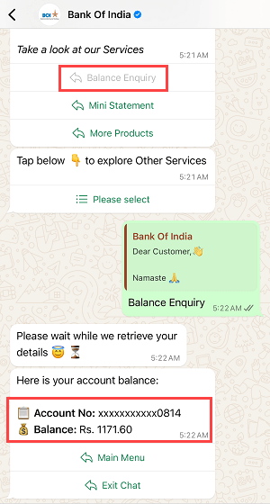 Check Bank of India (BOI) Account Balance on WhatsApp