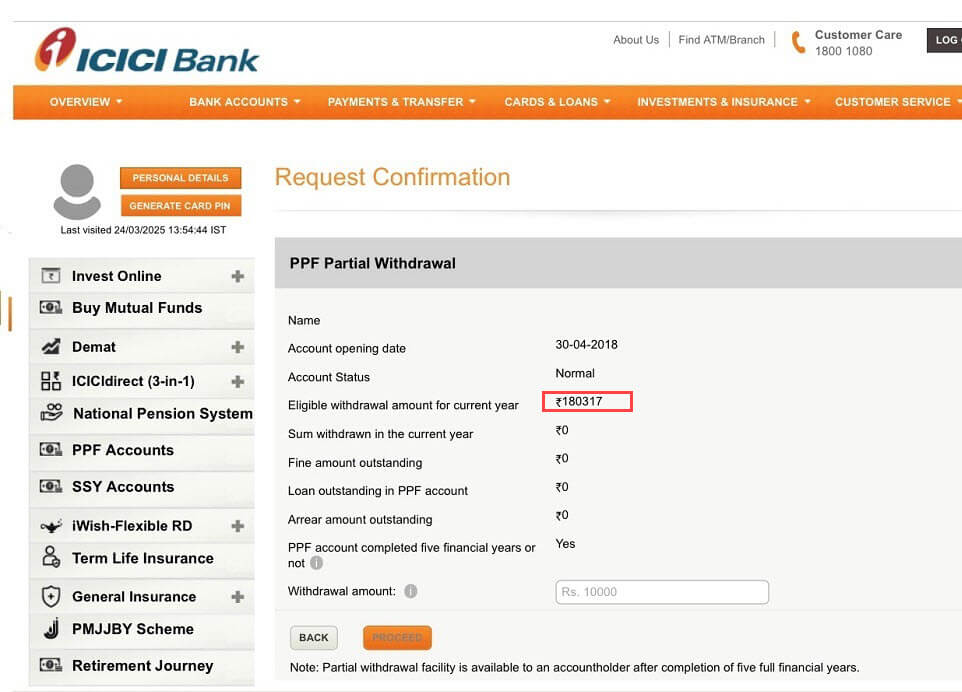 Partially Withdraw PPF Funds Online with ICICI Bank