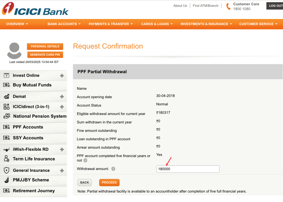 Partially Withdraw PPF Funds Online with ICICI Bank