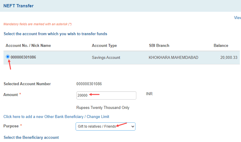 NEFT Transfer from SBI to Other Bank Account
