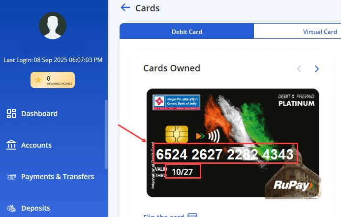 On the dashboard, locate the "My Savings A/C" section. Under your account summary, you will find several quick-link icons. Click on the icon labeled "Manage Debit Card".